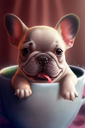 Funny ,puppy French bulldog in a big white cup, cartoonの素材