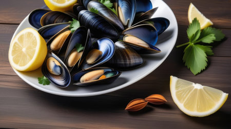 Fresh mussels with lemon and parsley on rustic wooden tableの素材