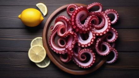 Fresh octopus tentacles with lemon slices on wooden plate and dark backgroundの素材