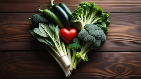 Fresh vegetables arranged in heart shape on wooden surfaceの素材