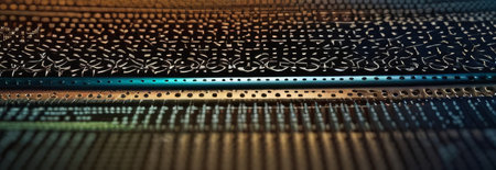 Abstract close-up of perforated metallic surface with vibrant lightingの素材