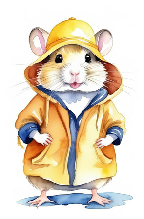 Charming watercolor hamster in yellow raincoat standing playfully in a puddleの素材