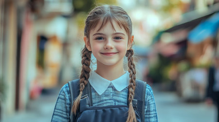 Charming young girl with braided hair smiling outdoors in urban settingの素材