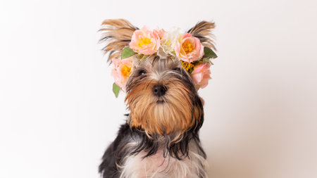 Adorable yorkshire terrier with floral crown on white backgroundの写真素材