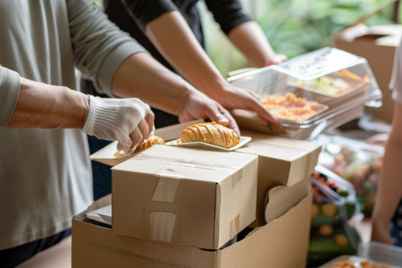Volunteers organizing food boxes for community donation event.の素材
