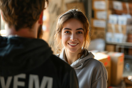 Smiling young woman engaging in conversation in a warehouse setting.の素材
