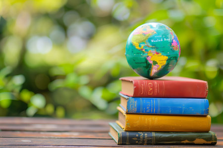 Globe on colorful books in outdoor nature setting with green bokeh.の素材