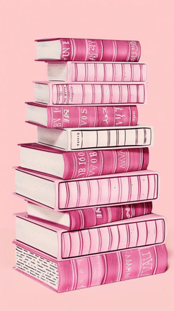 Pastel pink stacked books on soft peach background.の素材