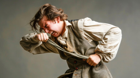 Emotional expression: man in period costume conveying anguish.の素材