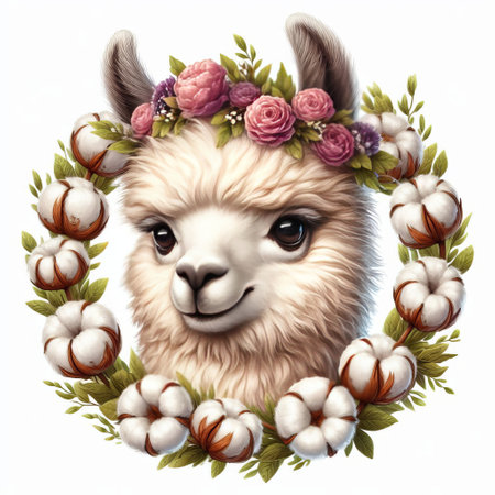 Adorable llama with floral crown encircled by cotton bloomsの素材