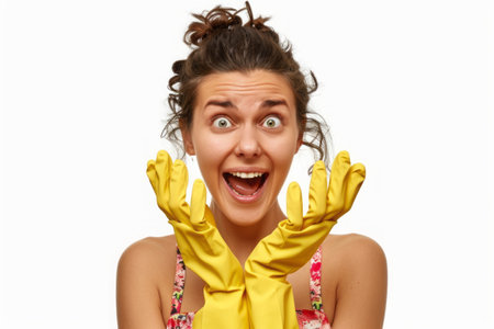 Joyful woman in yellow cleaning gloves expresses excitement.の素材