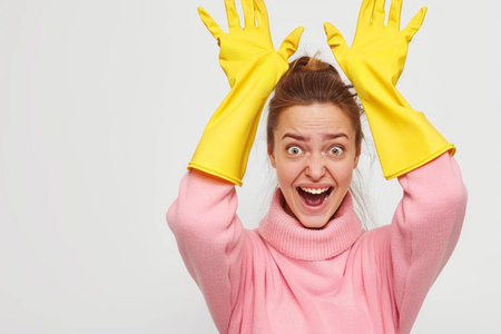 Excited woman in pink sweater wearing yellow cleaning gloves. Copy spaceの素材