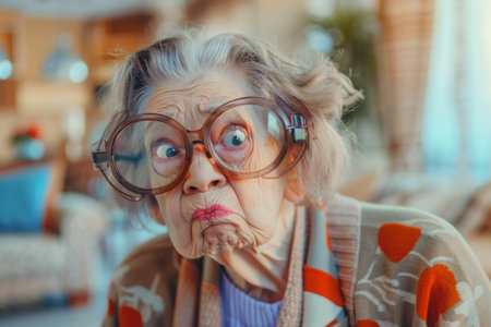 Whimsical senior woman with oversized glasses making a funny face at home.の素材