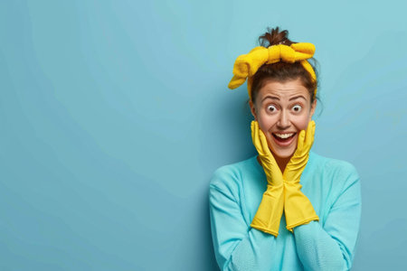 Excited woman with yellow gloves and headband against blue background. Copy spaceの素材