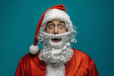 Surprised man in santa suit against teal background embracing holiday spirit.の素材
