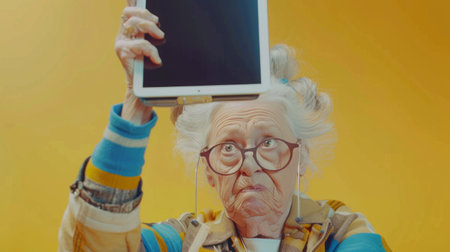 Quirky elderly woman holding tablet against vibrant yellow background.の素材
