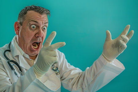 Surprised doctor in white coat with stethoscope against green background. Copy spaceの素材