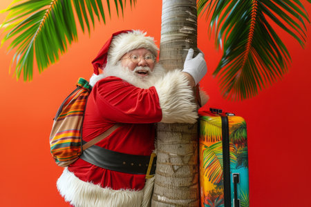 Santa in tropical paradise: embracing holiday vibes under a palm tree.の素材