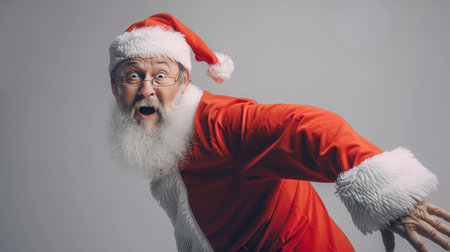 Excited santa in red suit with surprised expression on gray background.の素材
