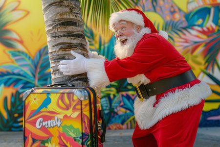 Tropical santa vacationing with festive suitcase in vibrant beach setting.の素材