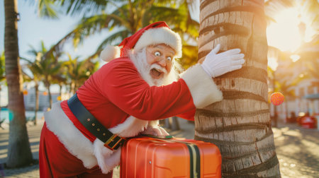 Santa enjoying a tropical vacation hugging a palm tree with orange suitcase.の素材