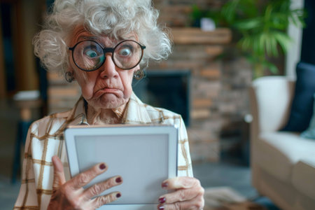 Funny surprised elderly woman with glasses holding a digital tablet indoors.の素材