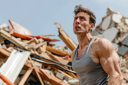 Determined man amidst urban rubble in workout gear.の素材