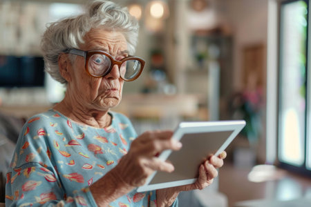 Elderly woman using tablet with curious expression at home.の素材