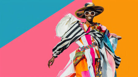 Vibrant fashion with bold colors and patterns on dynamic geometric background.の素材
