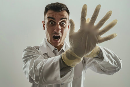 Surprised scientist in lab coat with raised hands wearing protective gloves.の素材