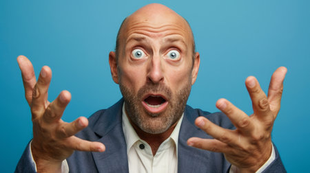 Surprised bald man with expressive eyes and gestures against blue background.の素材