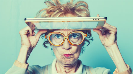 Quirky elderly woman with glasses and tablet displaying playful expression.の素材