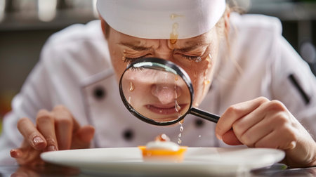 Chef examining food with magnifying glass in humorous kitchen setting.の素材