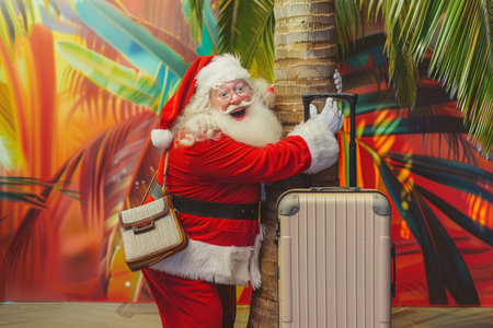 Santa embraces tropical getaway with luggage under palm tree.の素材