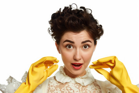 Surprised woman in lace dress with yellow cleaning gloves. Copy spaceの素材