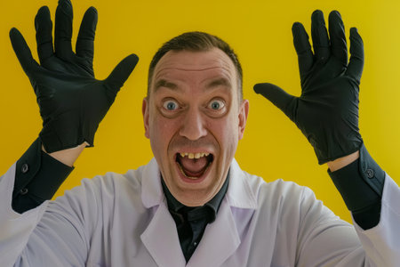 Excited scientist in lab coat with black gloves on bright yellow background.の素材