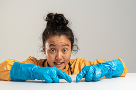 Playful cleaning: surprised woman in rubber gloves reaching out. Copy spaceの素材