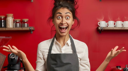 Excited barista in front of red wall in cozy coffee shop with joyful expression.の素材