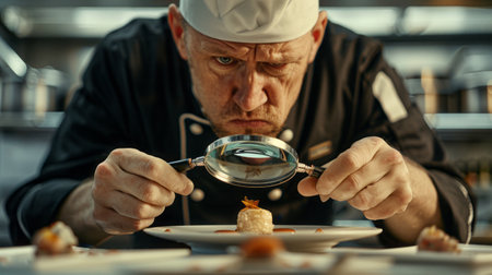 Chef inspecting dish with magnifying glass in professional kitchen.の素材