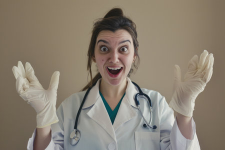 Excited doctor with stethoscope wearing gloves in hospital room.の素材