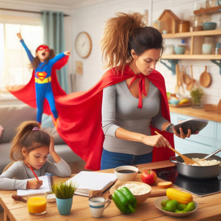 Supermom multitasking in kitchen with busy kids and veggie prepの素材