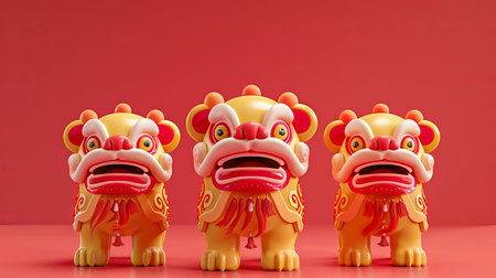 Three vibrant Chinese lion dance figures against red background.の素材