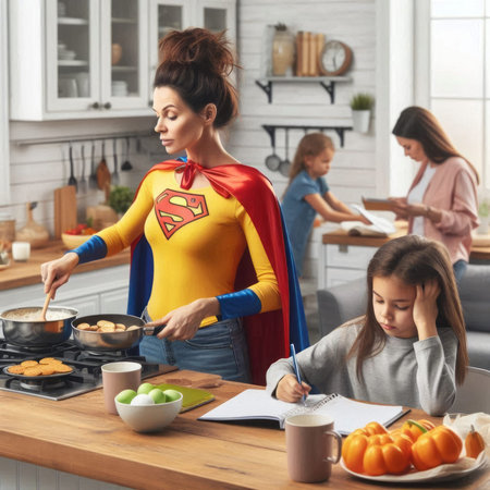 Supermom balances cooking, homework, and family time in vibrant kitchen sceneの素材