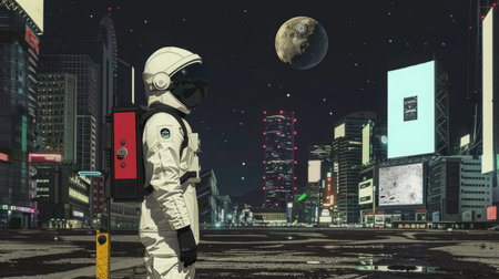 Astronaut in futuristic neon cityscape with moon above. Concept of Science Fiction Dayの素材