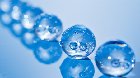 Floating transparent water spheres with bubbles on reflective surface. Concept of blue Mondayの素材