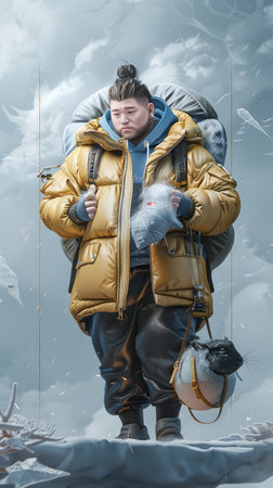 Adventure explorer in winter gear trekking through snowy landscape.の素材