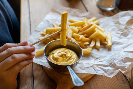 Crispy french fries with creamy cheese dip on rustic tableの写真素材