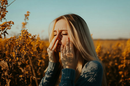 Young woman experiencing allergy symptoms in blooming fieldの素材