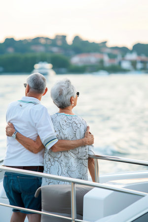 Elderly caucasian couple embracing on a boat at sunsetの素材