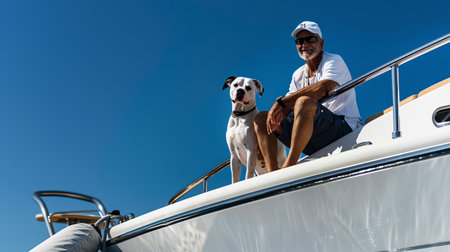 Caucasian elderly male enjoying sunny day on yacht with pet dogの素材